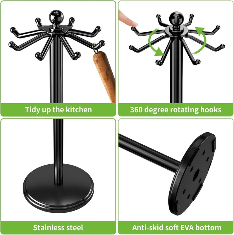 MAYZOLOP Kitchen Countertop Utensil Holder, Stainless Steel Rotatable Cooking Utensils Holder with 8 Rotating Hooks, Hanging Organizer for Spoon, Spatula, Black - Image 2